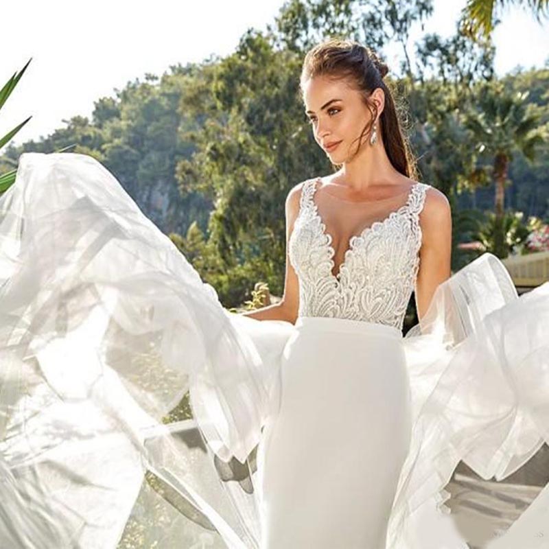 Long Mermaid Wedding Dress with Overskirt Removable Appliqued Lace Chiffon Sheer Back Bridal Gowns Floor Length Vestidos De Novia