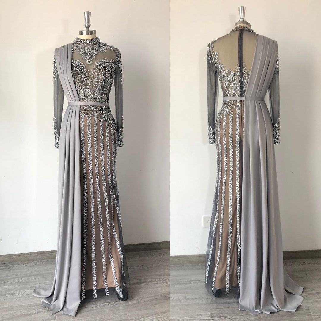 arabic aso ebi grey luxurious mermaid evening dresses beaded crystals prom dresses high neck formal party second reception gonws zj355