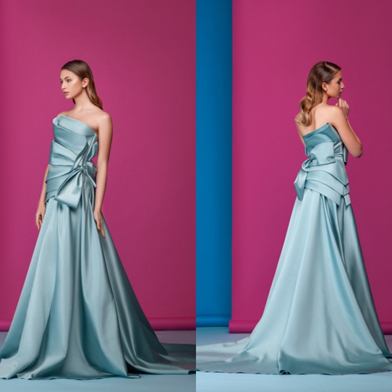 a line prom dresses strapless satin ruffle sweep train plus size evening gowns formal party dress beach robes de soire abendkleider