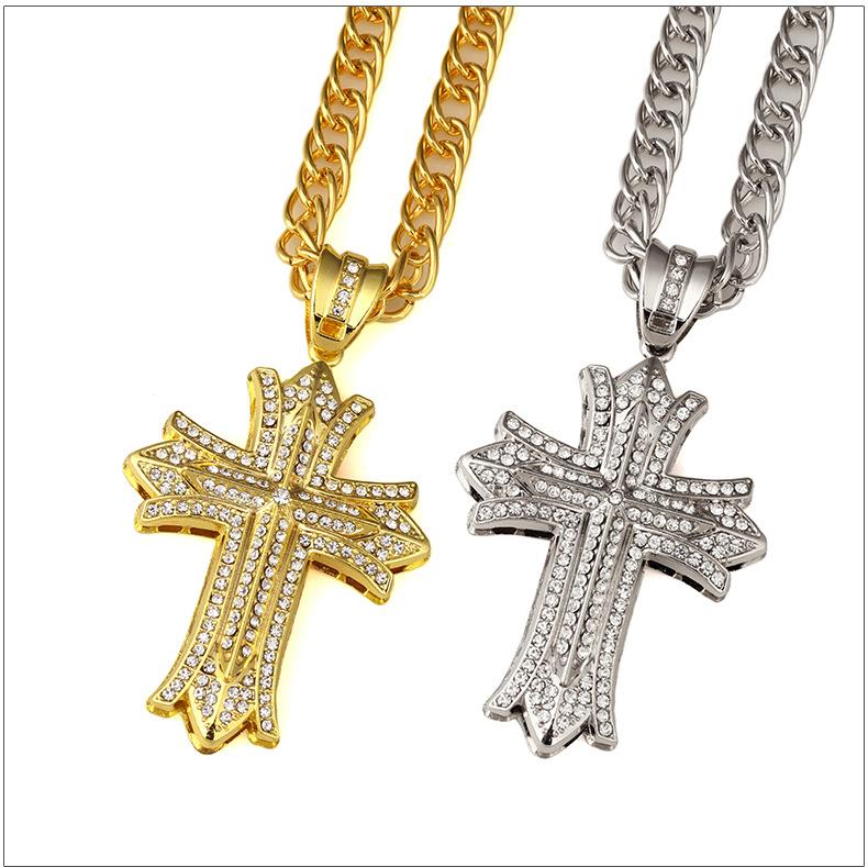 Wholesale-Long Chain Rock Hip Hop Necklace Cross Pendant Mens Jewelry Gold Silver Plated Hip hop Necklaces 90CM