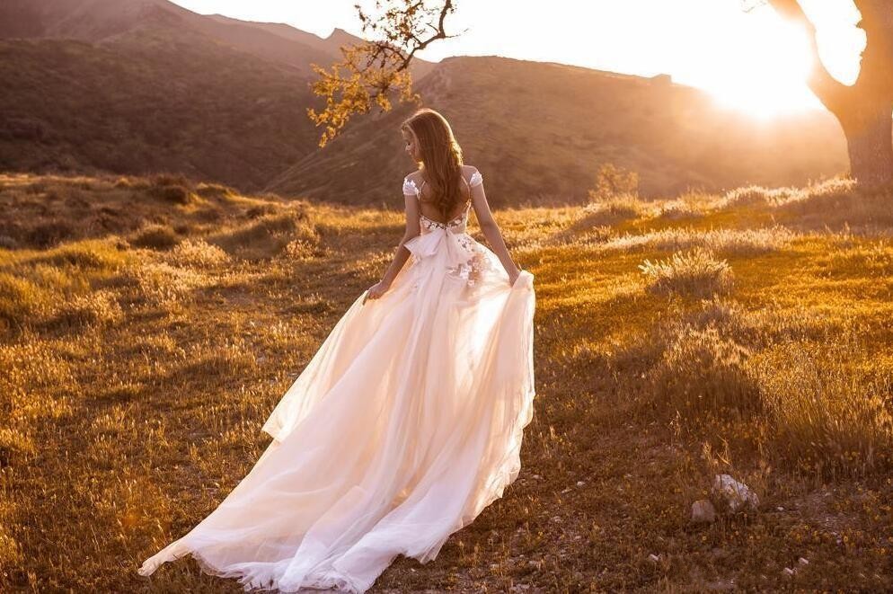 Elegant Open Back Wedding Dresses gowns 2022 Capped Sleeves Lace Appliques Summer Garden Boho Tulle Bridal Gowns With Train