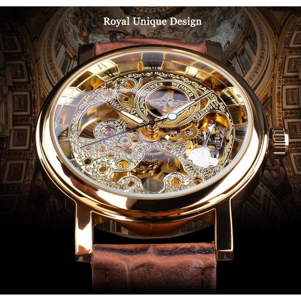 Winner Transparent Golden Case Luxury Casual Design Brown Leather Strap Mens Watches Top Brand Luxury Mechanical Skeleton Watch CJ191213