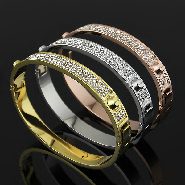 Fashion-Bijoux Bangles Rivet 316 L Titanium Stainless Steel Full Crystal Love Bangles Bracelets Fashion Jewelry For Women and Men