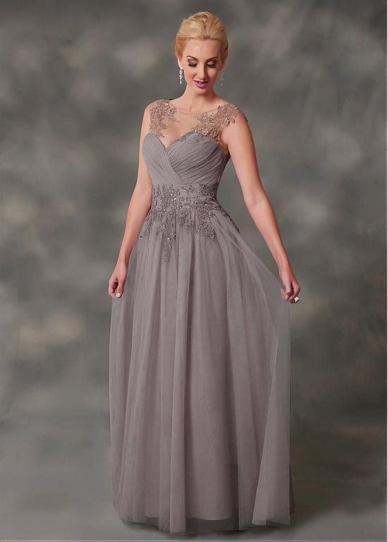 Graceful chiffon silver mother of bride dresses illusion bodice lace full length beach wedding guest groom mom dress with detachable jacket