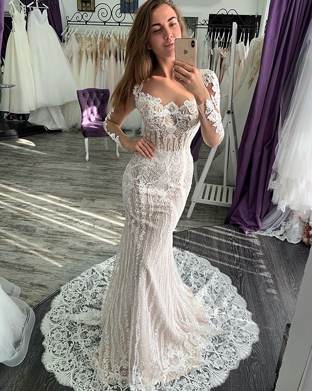 mermaid wedding dresses with detachable train plus size lace sheer neck appliques bridal gowns sweep train long sleeve wedding dress