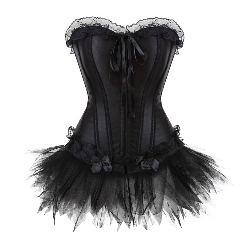 Women Burlesque Plus Size S-6XL Black Overbust Corset Lingerie Top Body Shaper Sexy Lace Up Plastic Boned Corselet with Ruffle Lace Trim