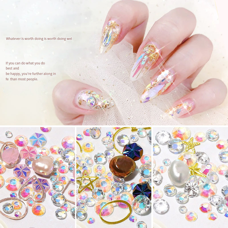 1 box Alloy Nail Art Decorations Mixed Pearl Beads AB Crystals Rhinestones 3D Design Manicure Gel Polish Acrylic Jewelry CH1018