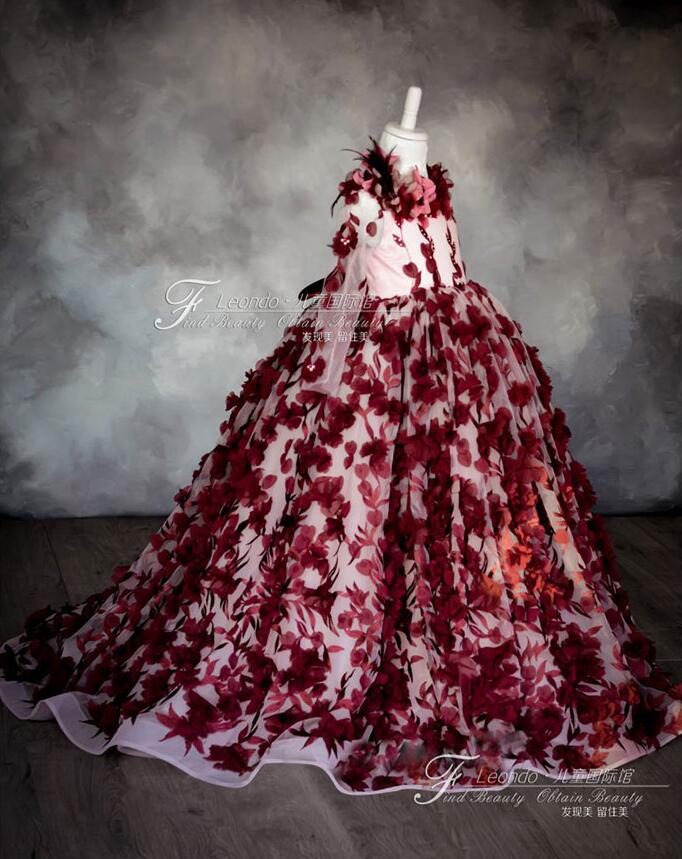 Burgundy Flower Girl Dresses For Weddings 3D Floral Cute Little Girls Pageant Dress Long Sleeve First Holy Communion Dresses