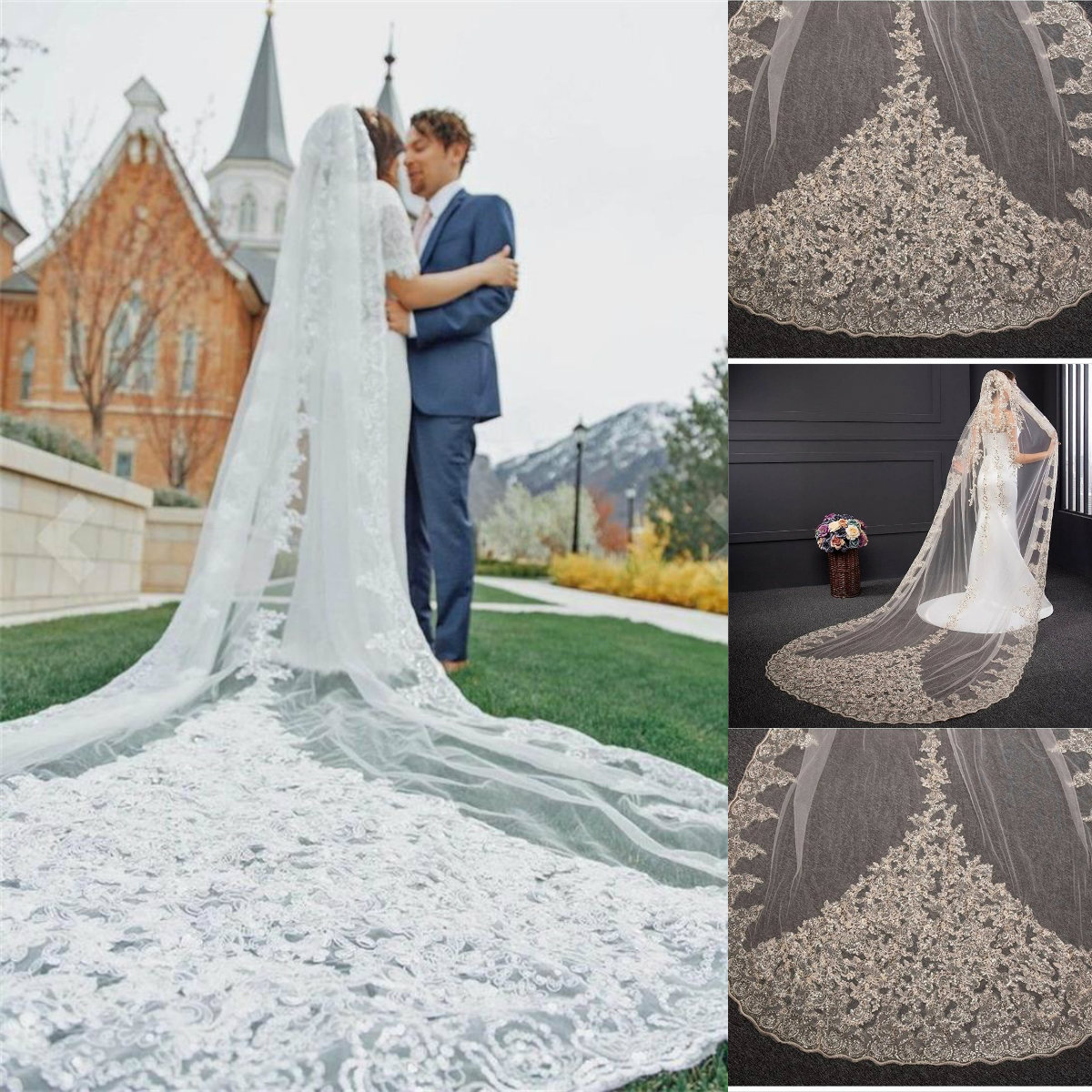 2020 Real Image Luxury Wedding Veils Long Cathedral Length Bridal Veil Appliques Sequined Wedding Veil Lace Purfle with Comb