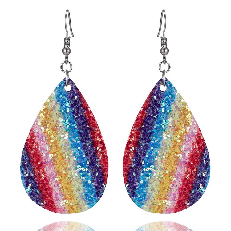 Fashion Teardrop Glitter Leather Drop Earrings For Women Statement Rainbow Color PU Sequins Water Drop Earring Valentine's Day Jewelry