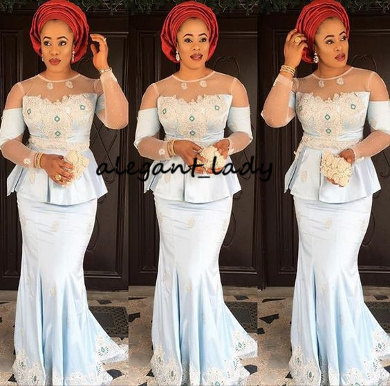 Sky Blue Mermaid Prom Formal Dresses with Long Sleeve 2019 Glamorous Aso Ebi Styles Lace Applique Trumpet African Evening Gown with peplum