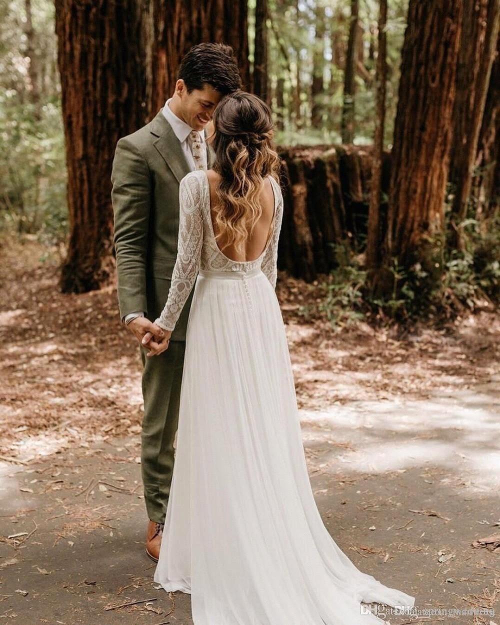 Bohemia Chiffon Long Wedding Dresses 2020 Lace Top Long Sleeves Beach Wedding Gowns Backless Cheap Bridal Gowns BC1704