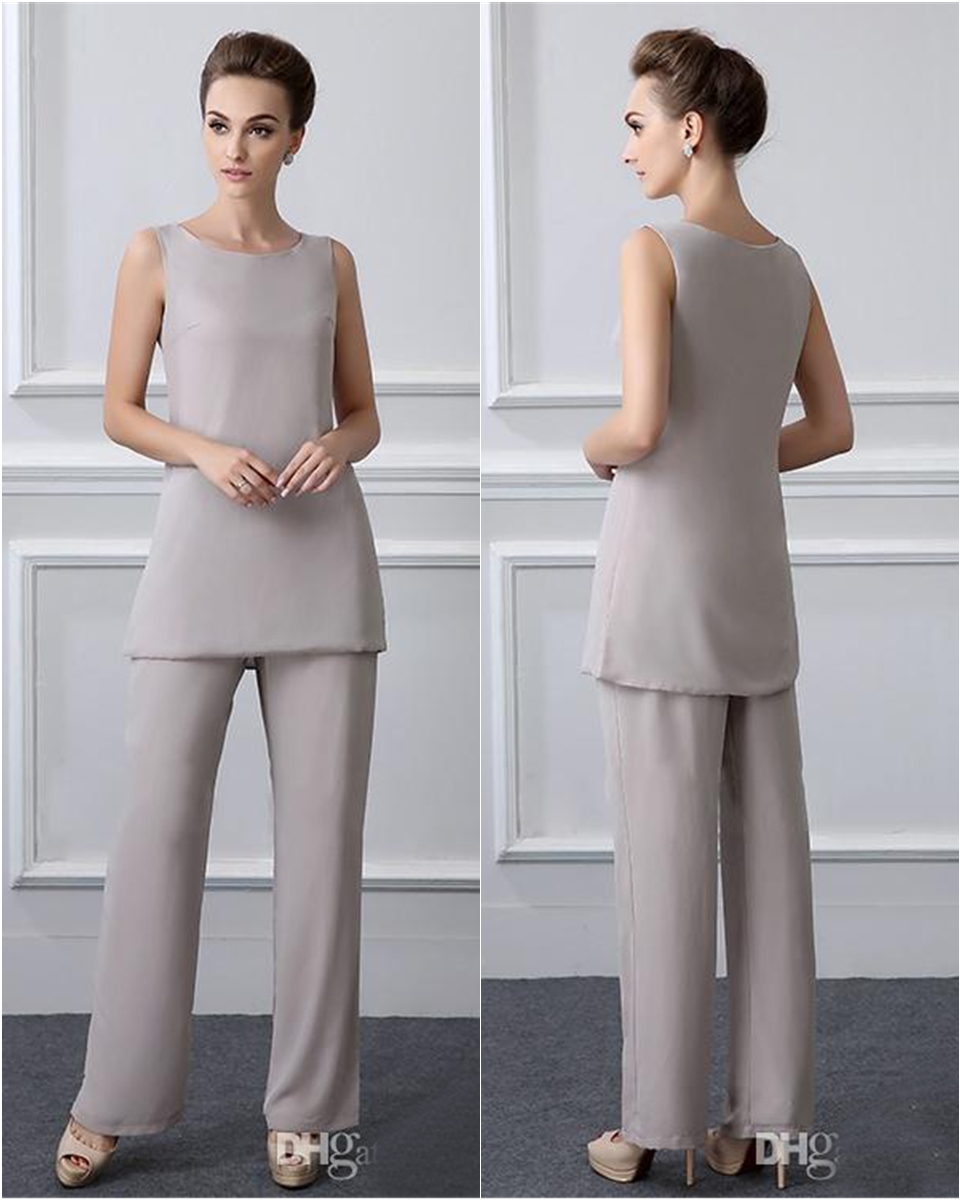 Simple Elegant Mother Of The Bride Pant Suits With Jacket Chiffon Beach Wedding Guest Groom Dress Cheap Mothers Outfit Long Garment