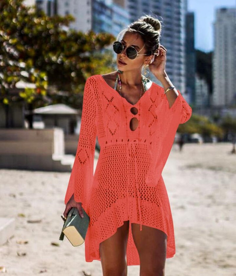 New Crochet For Women Knitted Tassel Tie Beachwear Summer Fashion Swimsuit Cover Up Sexy See-through Beach Dress