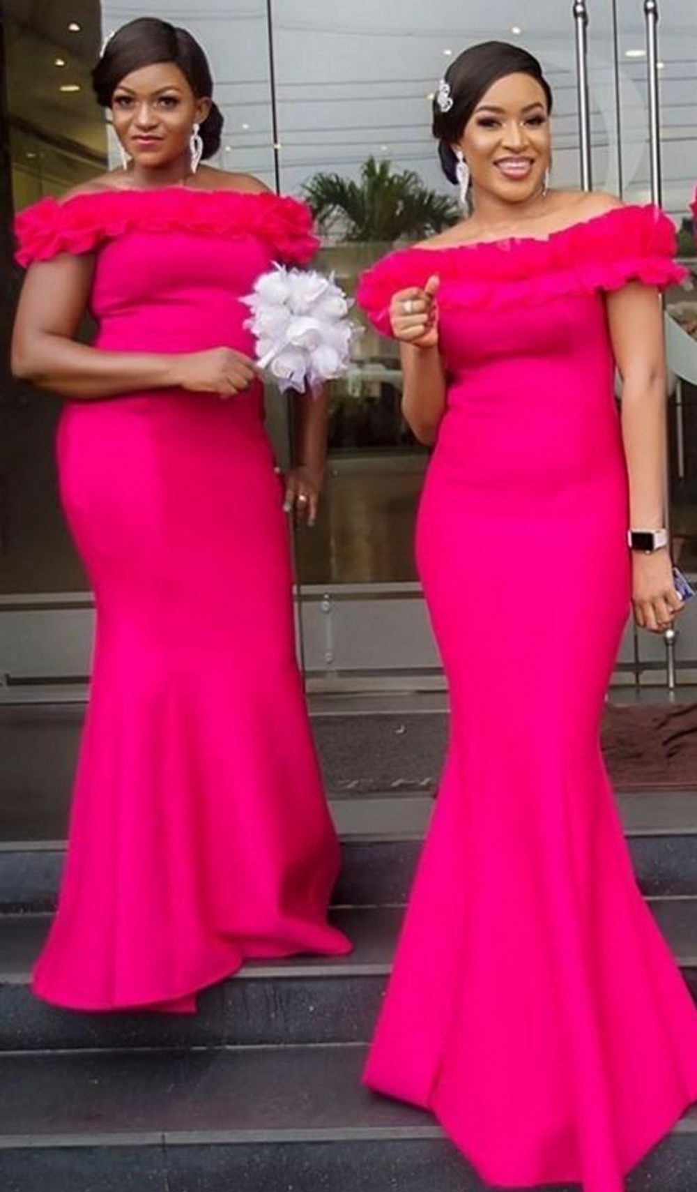 Hot Pink Mermaid Bridesmaid Dresses Off The Shoulder Satin Ruffles Robe Maid Of Honor Long Wedding Guest Dress