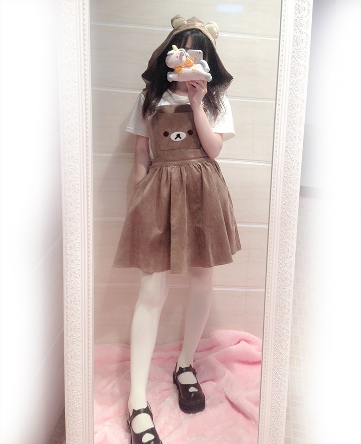 Girl overalls Women039s Kawaii Rilakkuma Dress Cute Bear Embroidery Cosplay Dress Lolita Overall Detachable Hood28016958230235