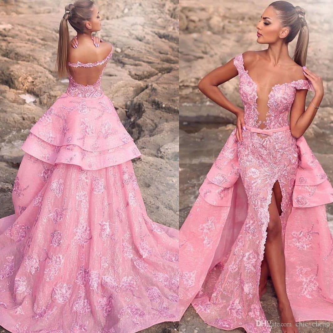Split Lace Mermaid 2019 Evening Dresses With Detachable Train Off The Shoulder Appliqued Prom Dresses Vintage Formal Party Gowns