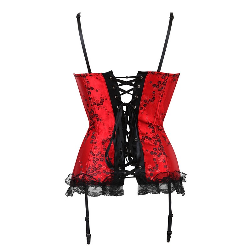 Red Floral Lace Trim Corset S-L Underwire Padded Overbust Hood and Eye Front Slimming Waist Cincher Halter Corset