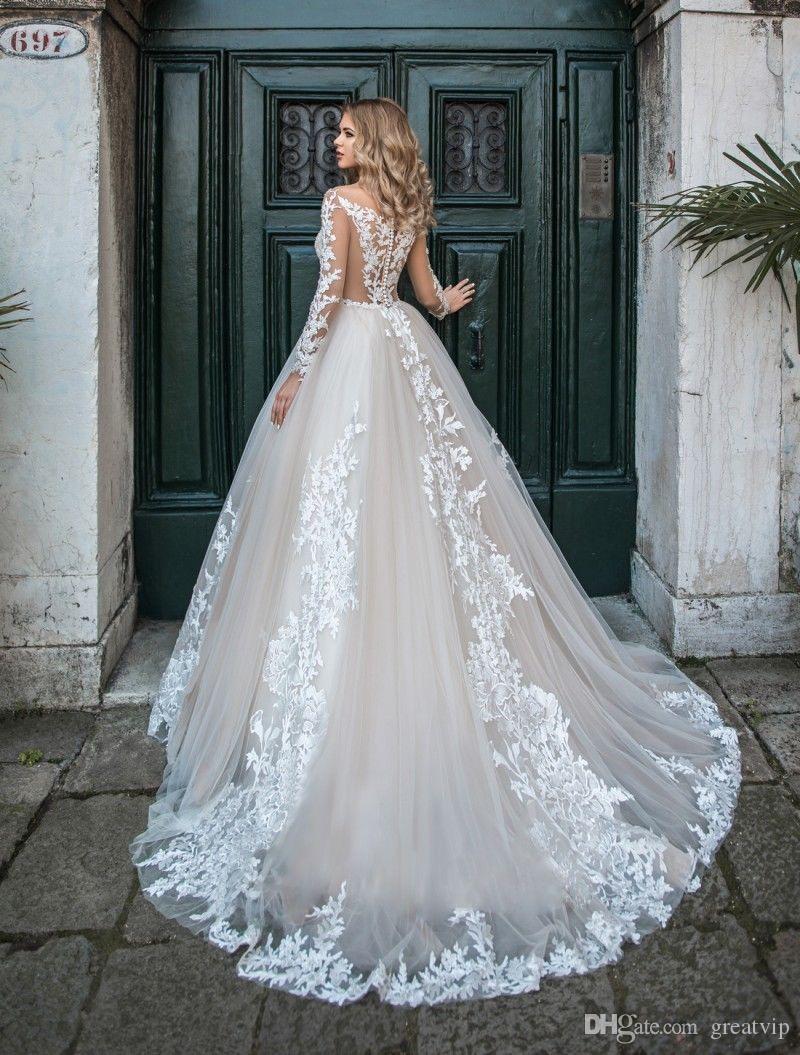 V-Neck Lace Modest Satin A-Line Dresses Sheer Neck Long Sleeves Sweep Train Bridal Gowns Wedding Dress Vestidos
