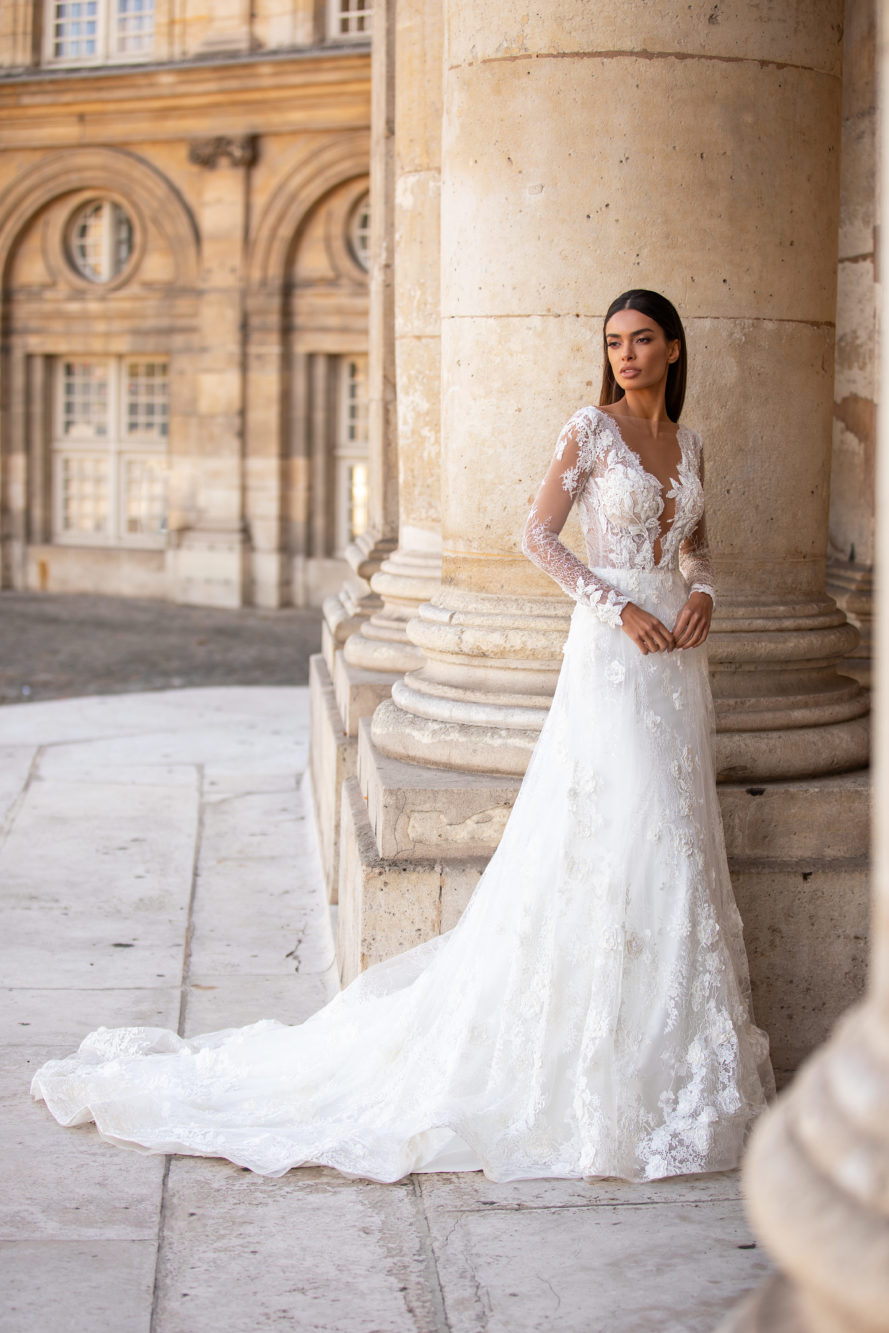 A Graceful Beaded Line Backless Wedding Dresses Lace Appliqued Sheer Deep V Neck Long Sleeves Bridal Gowns Tulle Court Train Robe De Marie ppliqued