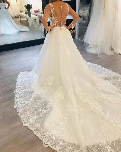 Sheer Neck Long Sleeve Mermaid Wedding Dresses with Detachable Train 2019 High-end Lace Applique Cathedral Train Princess Wedding Gown