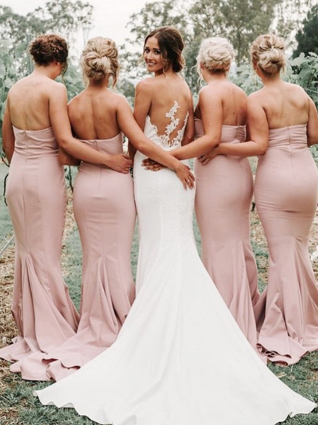 simple designs mermaid dusty pink bridesmaid dresses sweetheart sweep train zipper long cheap robes de demoiselle d'honneur women party gown