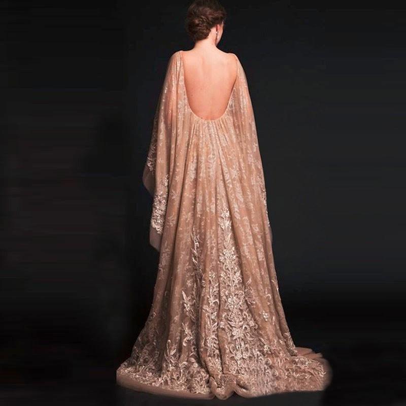 2020 New Unique Arabic kaftan champagne chiffon gown sexy transparent decals evening dress in dubai and dubai party shawl robes