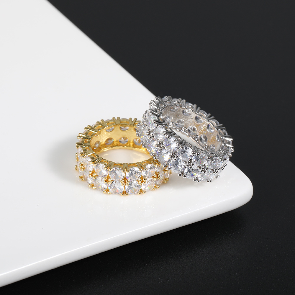Hip Hop Shiny Double Layers White Zirconia Bling Ring 18K Real Gold Plated Women Men's Finger Ring Rap Ring
