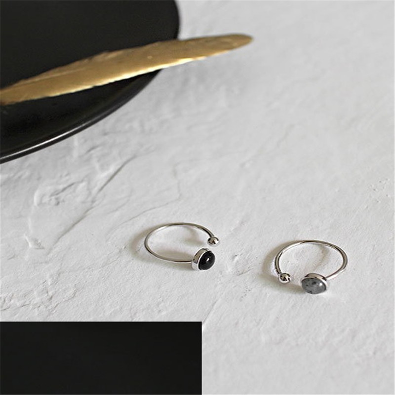 New Simple Style 925 Sterling Silver Round Beads Black Agate Moon Stone Open Size Rings For Women Statement Adjustable Ring