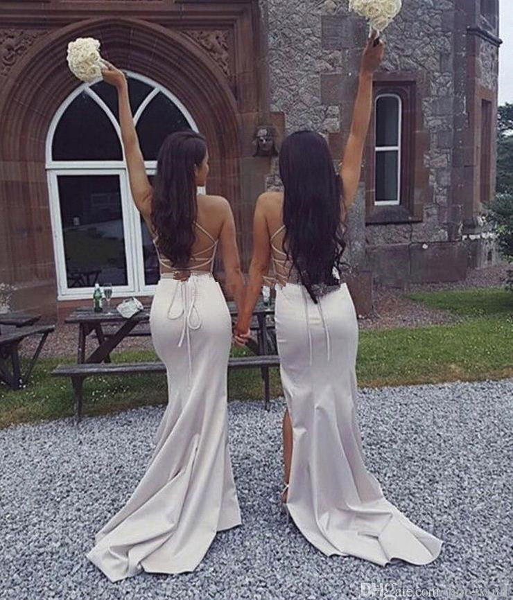 Sexy Spaghetti Straps Mermaid Long Bridesmaid Dresses Satin Ruched High Split Maid of Honor Wedding Guest Dress BM1683