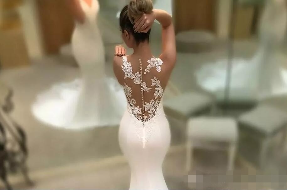 Boho Mermaid Dresses Illusion Covered Buttons Back Lace Applique Sweep Train V Neck Wedding Bridal Gown Vestido De Novia 403 Estido Estido