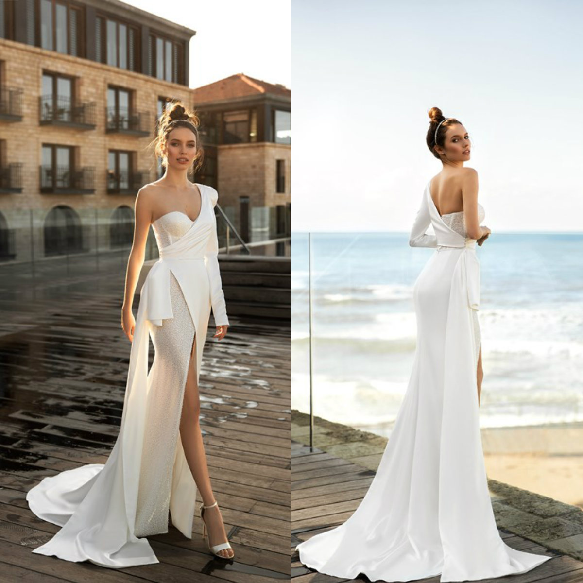 2020 Sexy Mermaid Wedding Dresses One Shoulder Lace Glitter Long Sleeve Wedding Dress High Side Split Custom Made Robes De Mariée