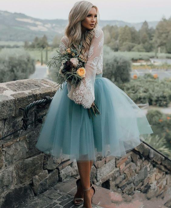 new cheap homecoming dresses long sleeve lace blue tulle two pieces prom gowns a line knee length cocktail dresses
