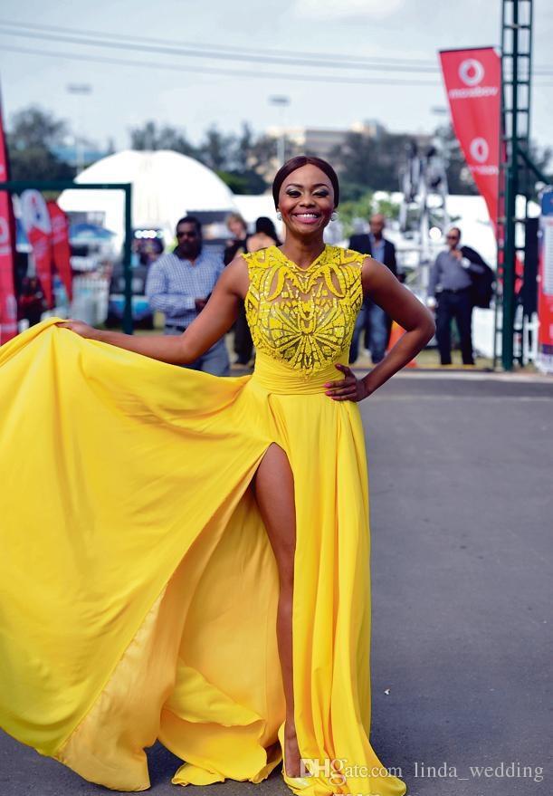 2019 Yellow Chiffon Prom Dress Arabic Cheap Simple High Split Sexy Formal Summer Holidays Wear Evening Party Gown Custom Made Plus Size