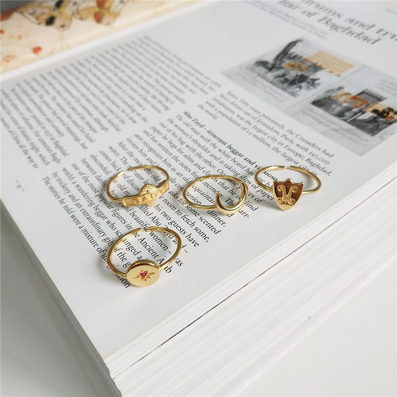 New 925 Sterling Silver Open Rings Letter Baby Moon Star Shield Type Adjustable Statement Ring Simple Fine Jewelry