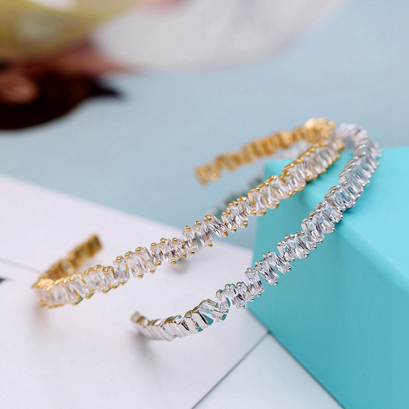 Shiny Crystal Cubic Zircon Cuff Bangle Platinum Plated Bracelets Women Girl Gift Marriage Engagement Party Jewelry
