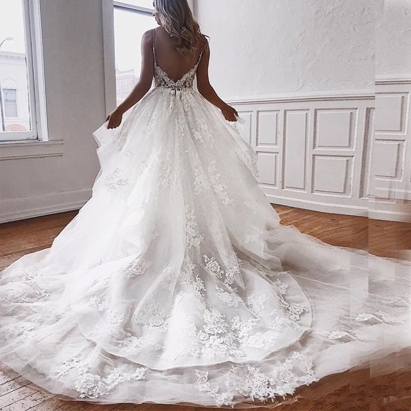 African Sexy Spaghetti Strap Tulle Wedding Dresses Custom Court Train Applique Ball Gown Lace Backless Bridal Gowns Vestido De Novia Q129 0510