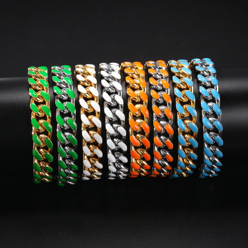 New Fashion guys Gold Silver Stainless Steel Colorful Enamel Mens Personalized Cuban Link Chain Bracelet Hip Hop Curb Miami Chains Wolf Tide Jewelry f