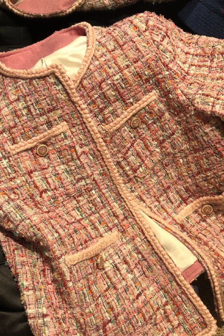 Spring new design womens pink color o-neck long sleeve tweed woolen short coat jacket casacos plus size S M L