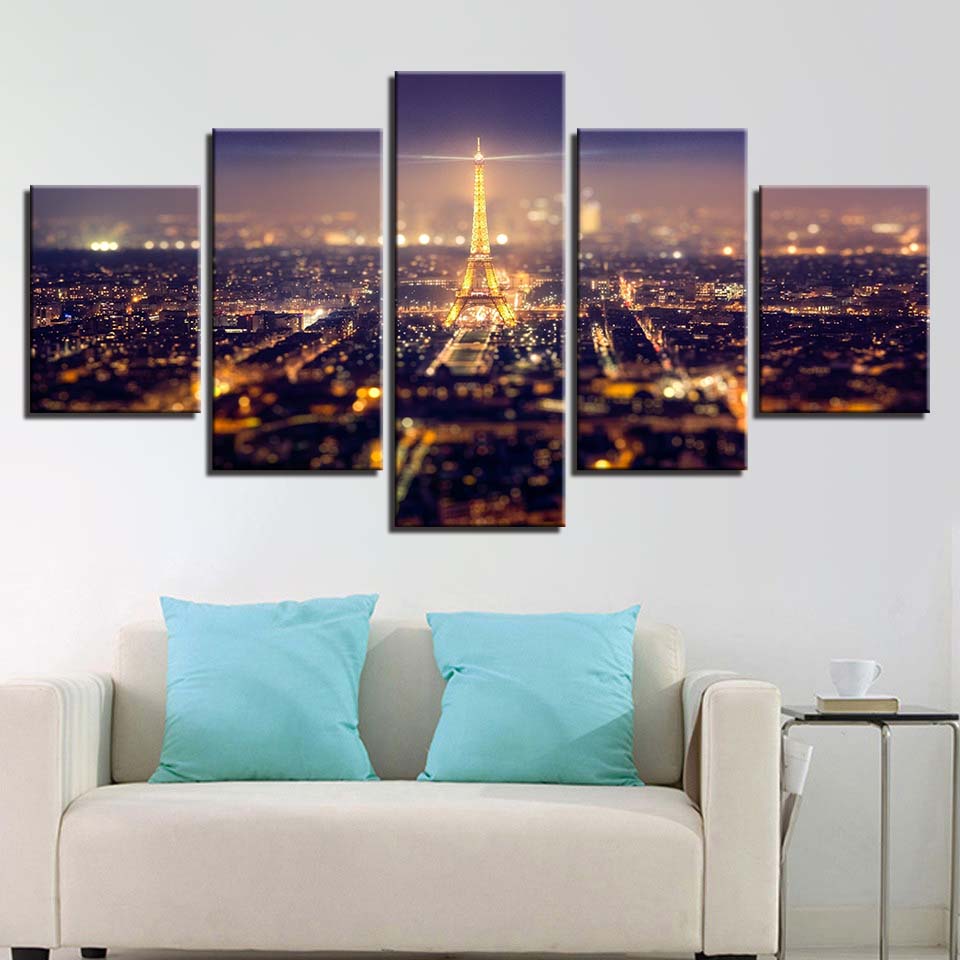 Canvas HD Prints Pictures Wall Art 5 Pieces Beautiful Paris Eiffel Tower City Night Scene Paintings Posters Home Decor No Frame