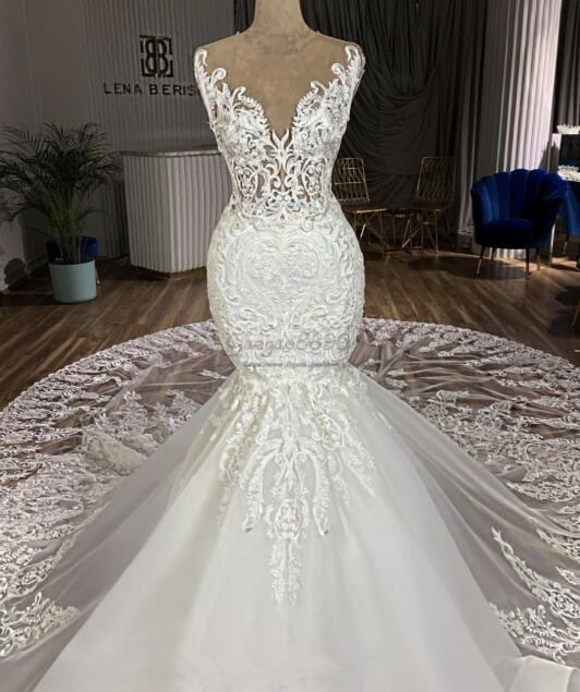2019 sexy Mermaid Wedding Dresses chapel Train 3D lace Appliques jewel neck gorgeous illusion lace bridal Gowns customized vestidos de novia, White
2019 sexy Mermaid Wedding Dresses chapel Train 3D lace Appliques jewel neck gorgeous illusion lace bridal Gowns customized vestidos de novia, White