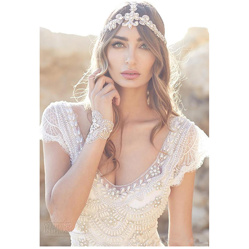 Sparkly Lace Bohemian Beach Wedding Dresses Chiffon Bling Beaded Crystal Cap Sleeve Boho Bridal Gowns Vestido De Novia