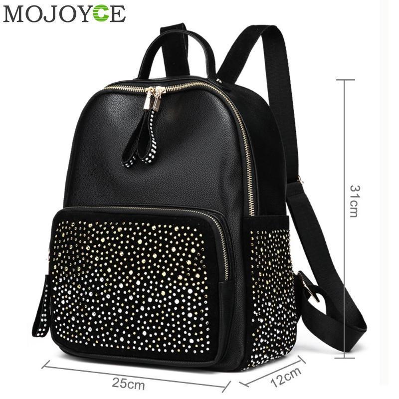 Leisure Style Women Backpack With Rhinestone PU Leather Female Backpacks High Capacity Travel Back Pack Bags Red Black Gold Y18110202