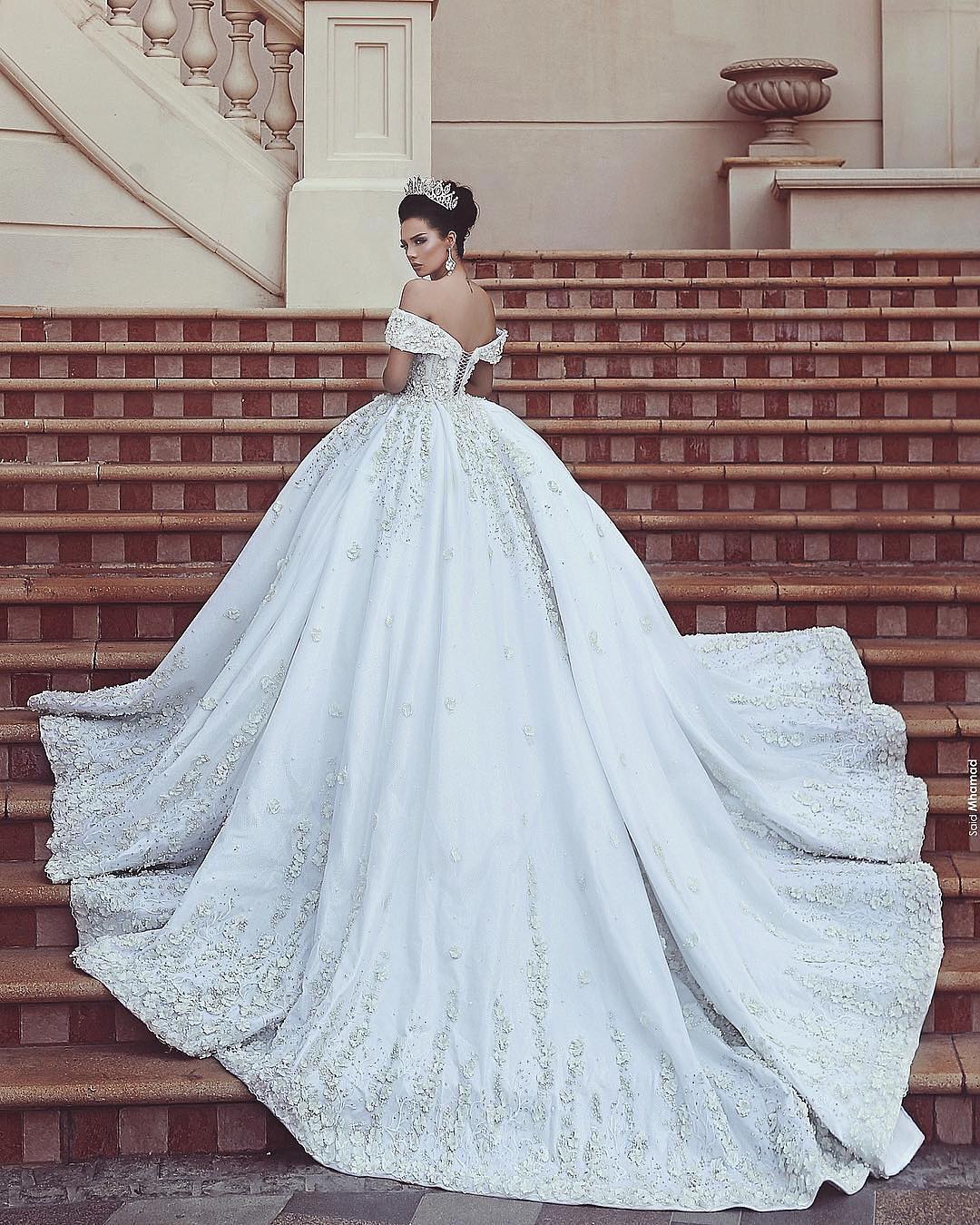 Arabic Dubai Lace Ball Gown Dresses Off Shoulder 3D Flowers Chapel Train Plus Size Wedding Dress Bridal Gowns Robe De s