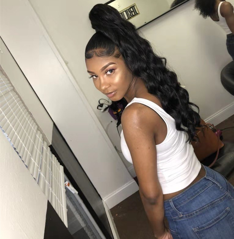 Soft Human Long Body Wavy Drawstring Ponytail for Women Wave Hair Extension Clip in Hairpiece Black Fake Hair pony tail 140g