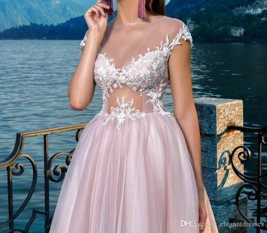 Sheer Short Sleeves A Line Wedding Dresses Modest Bridal Lace Appliques Tulle Chapel Train Long Vestidos De Soiree Beach Gowns