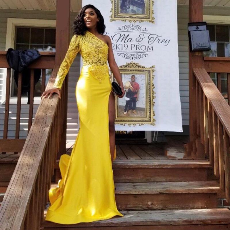 Yellow One Shoulder Side Split Mermaid Prom Dresses Lace Appliques Bead Sequined Satin Black Girls Evening Party Gowns