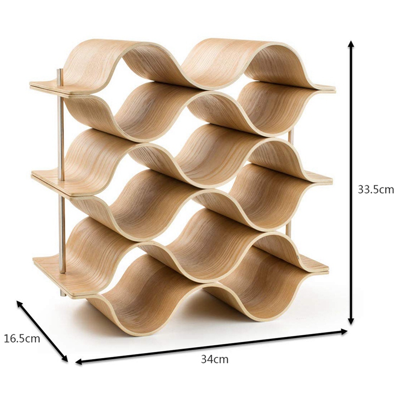 9 Bottle Wooden Wave Wine Rack Freestanding For Table, Bar Or Counter Modern Minimalist Design Sweet And Dry Wines For Small Hom