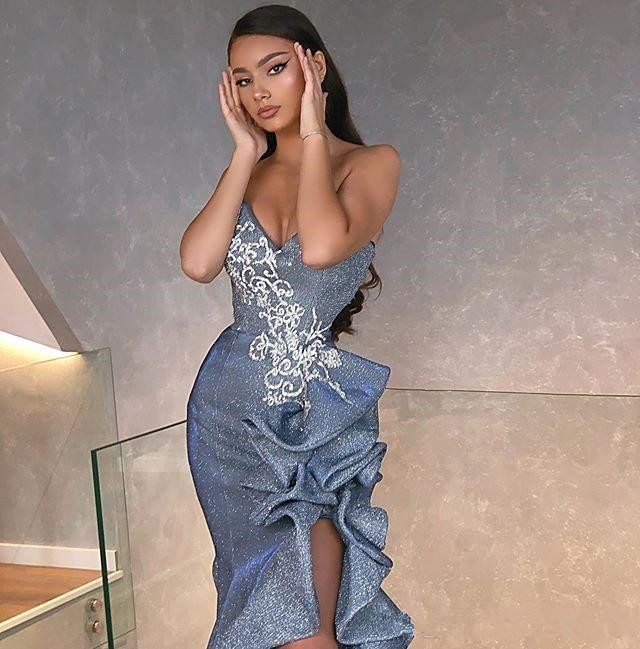 Sexy Side Split Mermaid Prom Dresses with Ruffles 2020 Sweetheart Lace Applique Sequined Sweep Train Evening Party Gowns