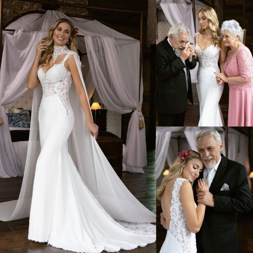 Lace Stunning Mermaid Backless Wedding Dresses With Cape V Neck Beaded Bridal Gowns Sweep Train Appliqued Trumpet Robe De Marie
